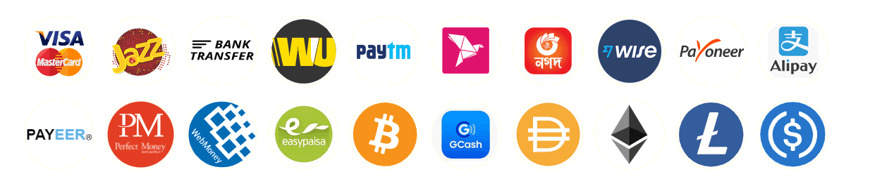 Visa/Master/Credit Card,Crypto Currency,payeer,perfectmoney,payoneer,jazzcash/easypaisa, Gcash,Paytm, Bkash, Nagad, Webmoney, Ali Pay, wise, western union